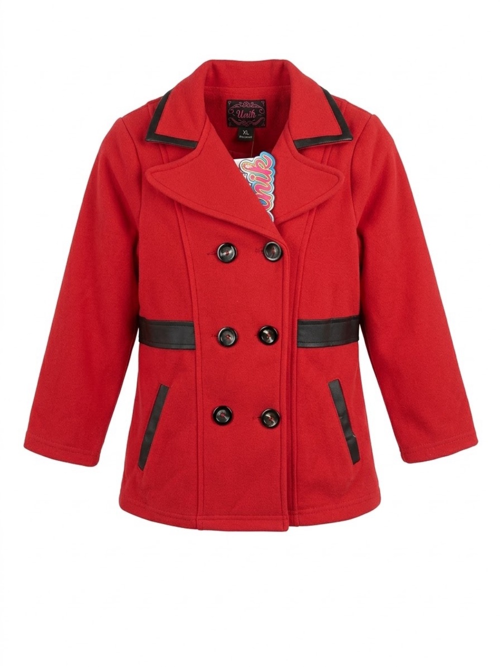 Unik Girls Red Double Breasted Pea Coat w/ Black Faux Leather Trim - Size XL NWT